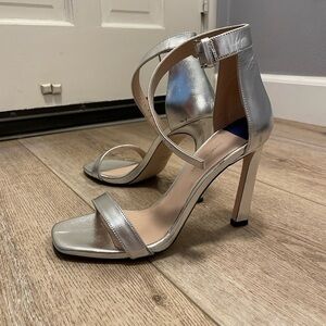 STUART WEITZMAN Square Nudist Ankle Strap Sandal SILVER